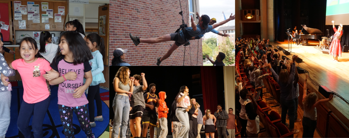 collage of newman center education experiences, including students hanging in harnesses from wires, students dancing on stage, students watching a performance